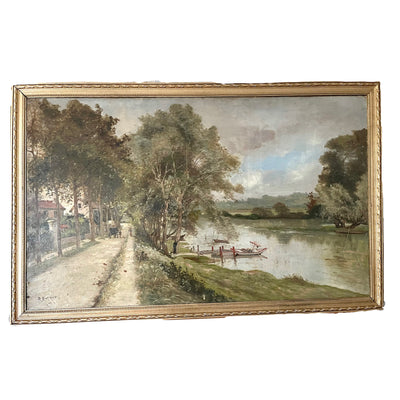 Grand Tableau peinture impressionniste Bord de Marne par Paul Morizet XIX/XXe