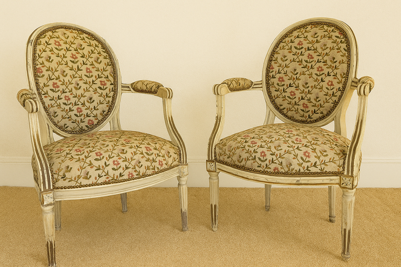 Paire de Fauteuils Époque Louis XVI en Bois Naturel Laqué Crème