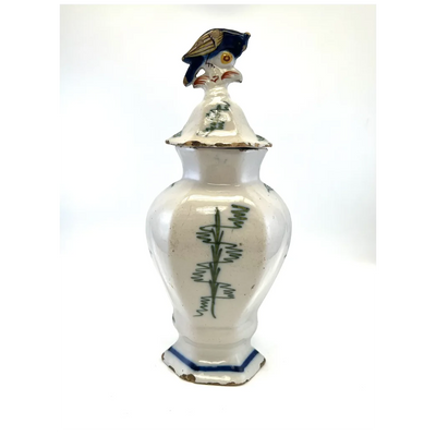 Pot couvert vase potiche faïence Delft oiseau perroquet fleurs XIXè siècle