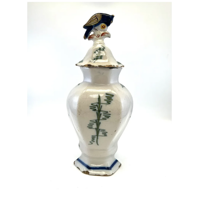 Pot couvert vase potiche faïence Delft oiseau perroquet fleurs XIXè siècle