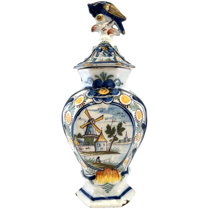 Pot couvert vase potiche faïence Delft oiseau perroquet fleurs XIXè siècle