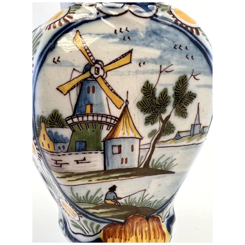 Pot couvert vase potiche faïence Delft oiseau perroquet fleurs XIXè siècle