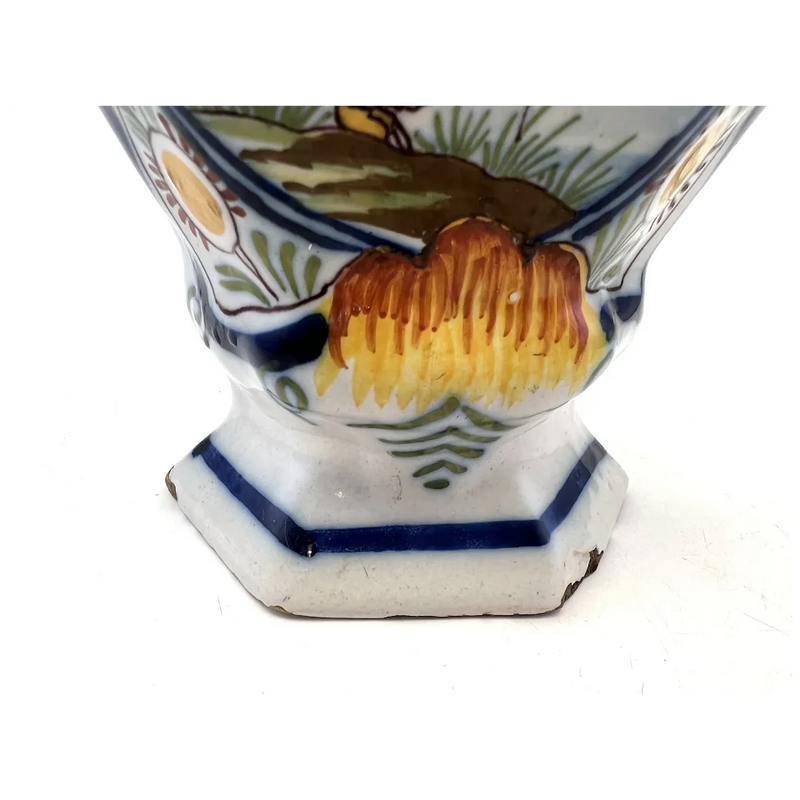 Pot couvert vase potiche faïence Delft oiseau perroquet fleurs XIXè siècle