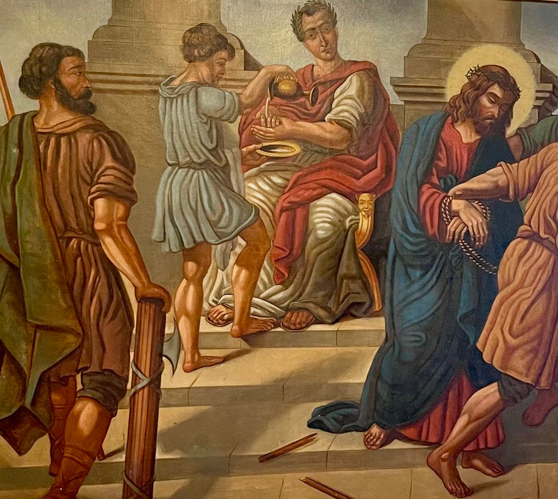 Très grand tableau religieux Jésus comparaissant devant Caïphe