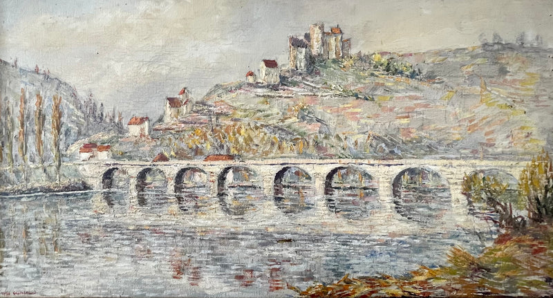 Fernand Laval, Château de Castelnaud surplombant la rivière, Huile sur Toile, Encadrée