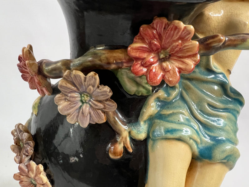 Majolica Vase GL Lorraine – Art Nouveau Girl Figure Relief – French c.1900, 44cm