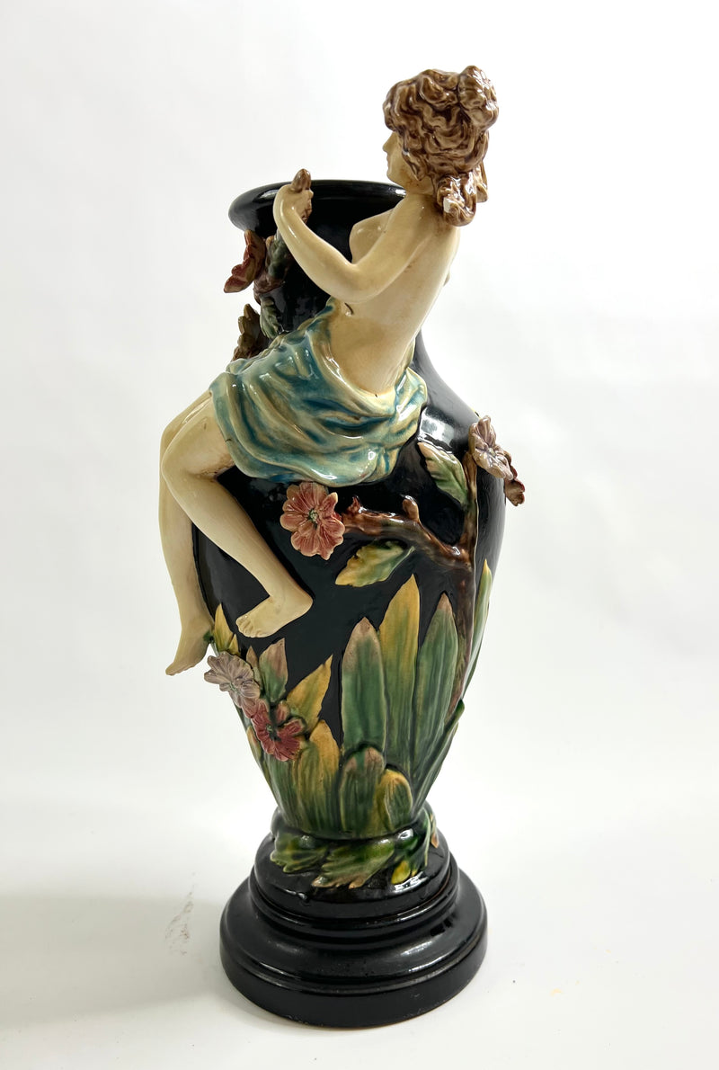 Majolica Vase GL Lorraine – Art Nouveau Girl Figure Relief – French c.1900, 44cm