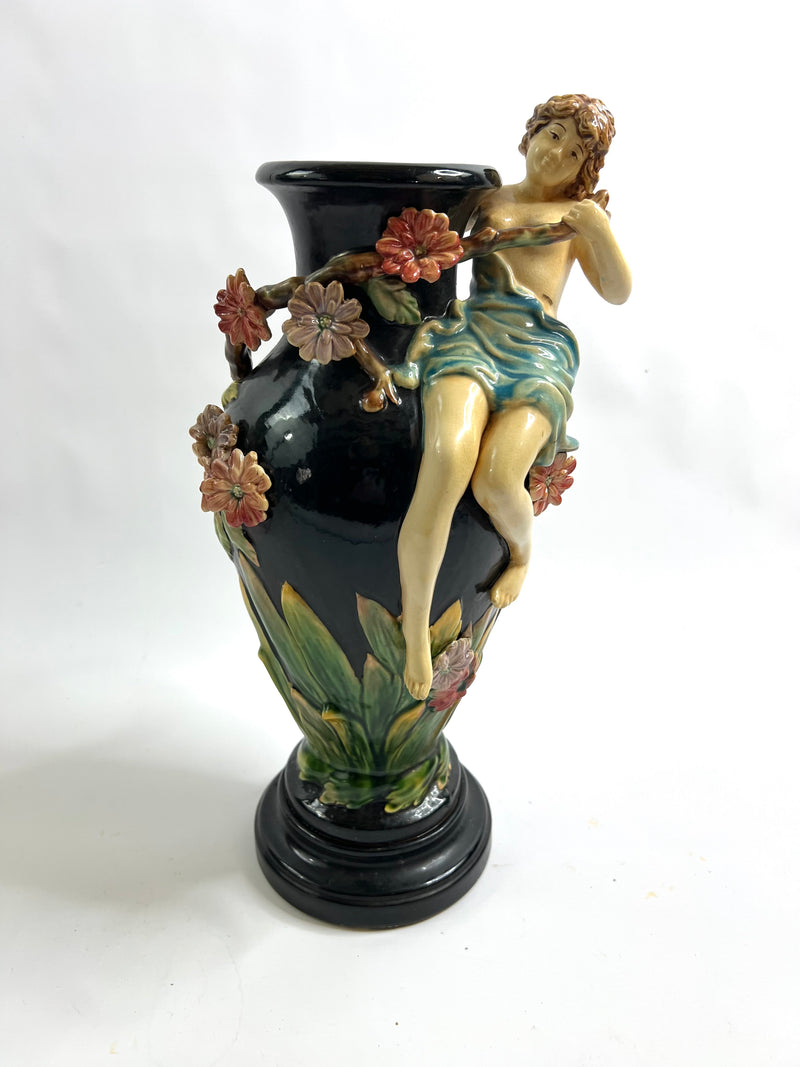 Majolica Vase GL Lorraine – Art Nouveau Girl Figure Relief – French c.1900, 44cm