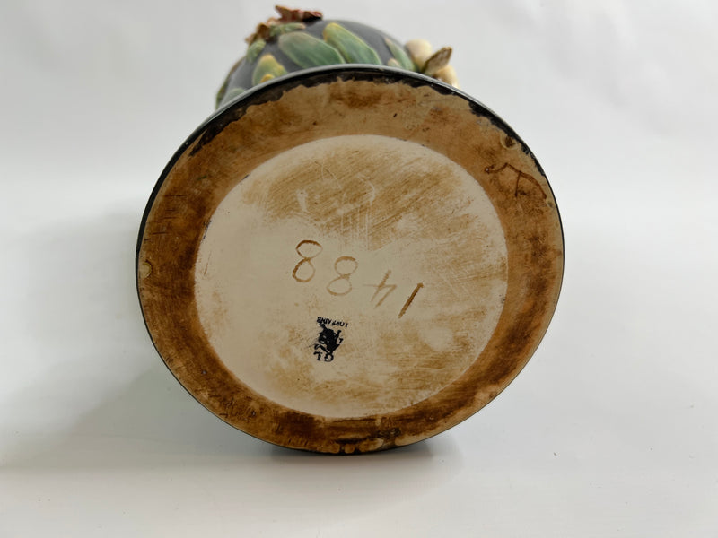 Majolica Vase GL Lorraine – Art Nouveau Girl Figure Relief – French c.1900, 44cm