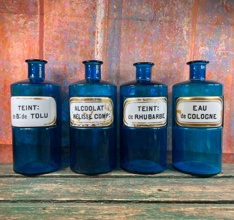 Bouteille à Pharmacie en Verre Bleu, France, 1860, Set de 4