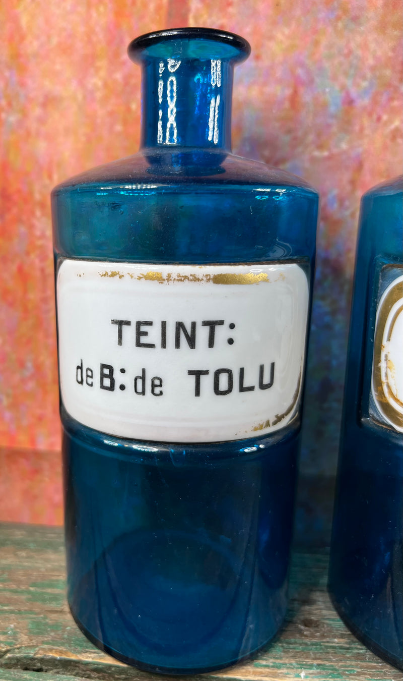 Bouteille à Pharmacie en Verre Bleu, France, 1860, Set de 4