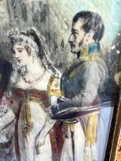 Peinture miniature encadrée reprenant la gravure de Gosse sur la réception de la reine de Prusse par Napoléon à Tilsi, 1800s