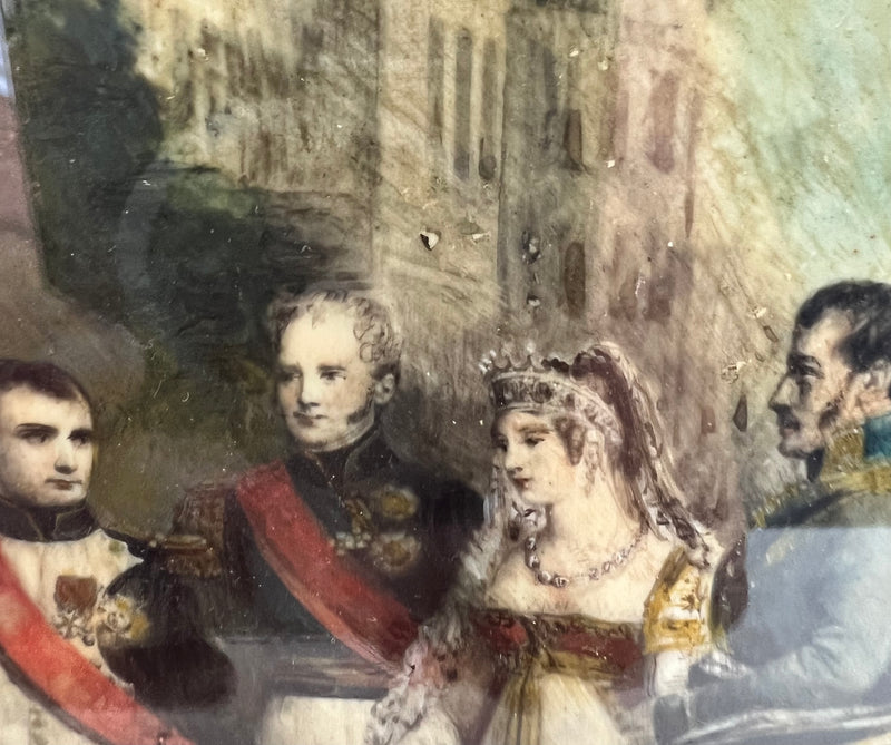 Peinture miniature encadrée reprenant la gravure de Gosse sur la réception de la reine de Prusse par Napoléon à Tilsi, 1800s