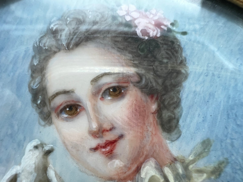 Peinture miniature femme à la colombe par Canava 19eme