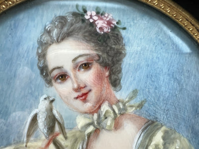 Peinture miniature femme à la colombe par Canava 19eme