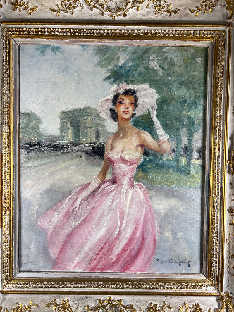 Eugène LELIÈPVRE (1908-2013) - Élégante en robe rose devant l&