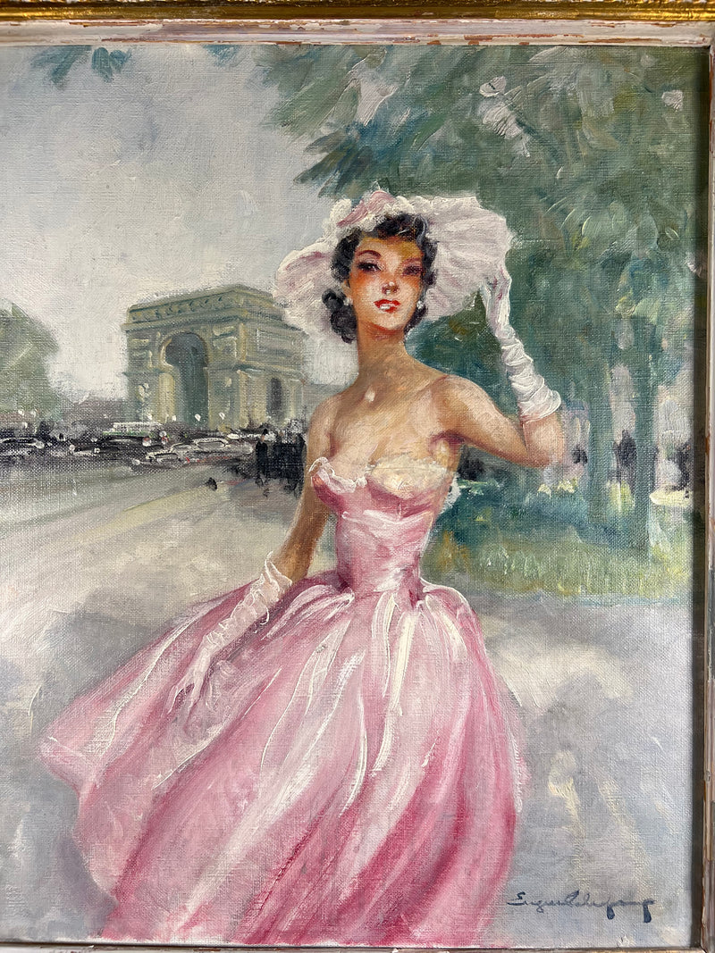 Eugène LELIÈPVRE (1908-2013) - Élégante en robe rose devant l&