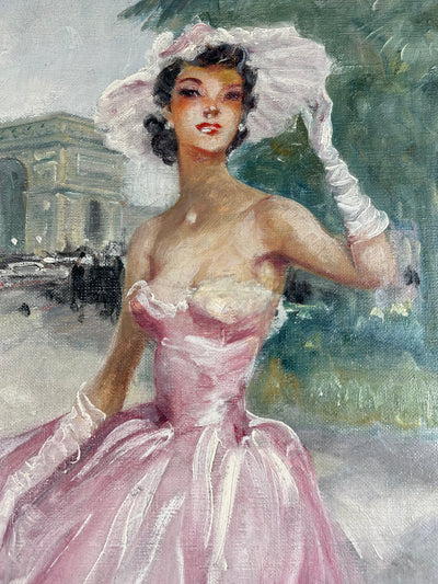 Eugène LELIÈPVRE (1908-2013) - Élégante en robe rose devant l'Arc de Triomphe, Paris