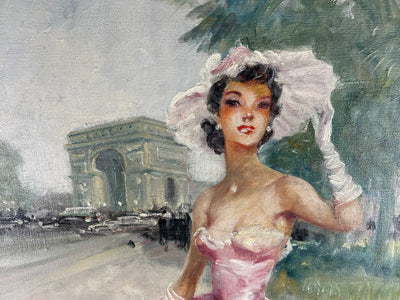 Eugène LELIÈPVRE (1908-2013) - Élégante en robe rose devant l'Arc de Triomphe, Paris