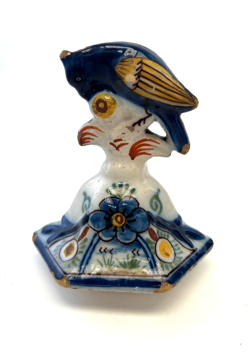 Pot couvert vase potiche faïence Delft oiseau perroquet fleurs décor au moulin XIXè siècle
