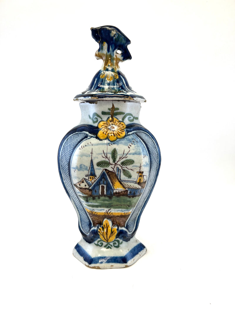 Pot couvert vase potiche faïence Delft oiseau perroquet fleurs XIXè siècle