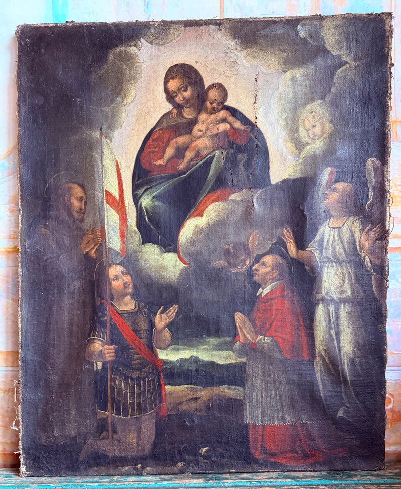 Tableau ancien italien maniériste – Vierge à l’Enfant avec saint Georges et saint François d’Assise – huile sur toile 62x50 cm – Le Repaire des Antiquités