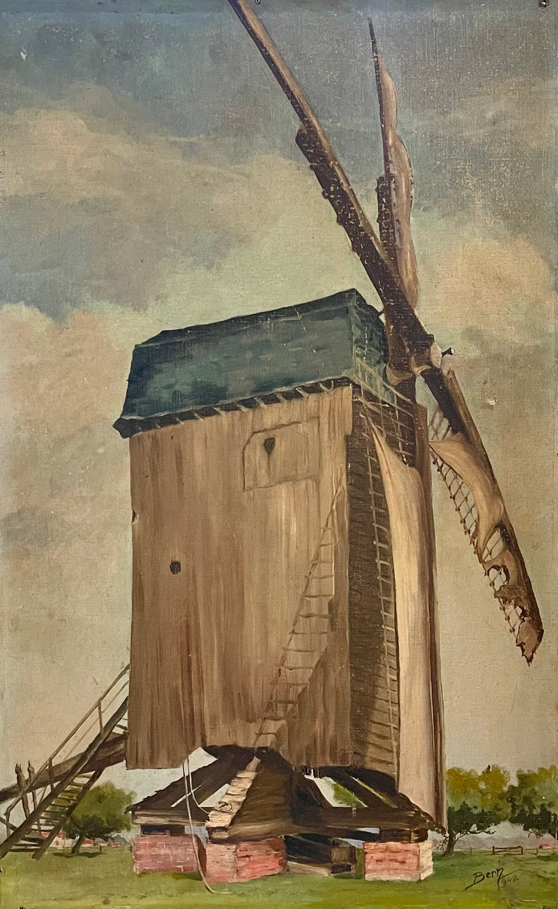 Peinture à l’huile ancienne – Moulin de Reims, signée Bern 1942 – Art français de la Seconde Guerre mondiale