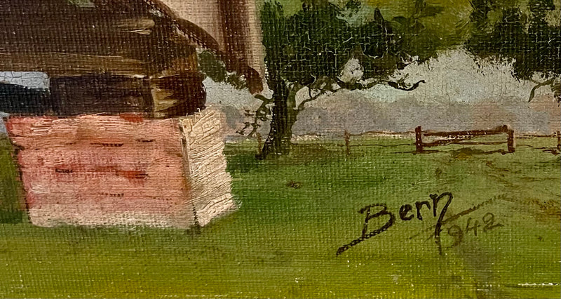 Peinture à l’huile ancienne – Moulin de Reims, signée Bern 1942 – Art français de la Seconde Guerre mondiale