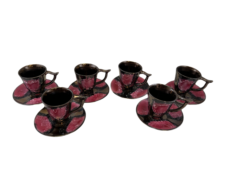 Service à café 6 tasses Vallauris rose et noire année 60