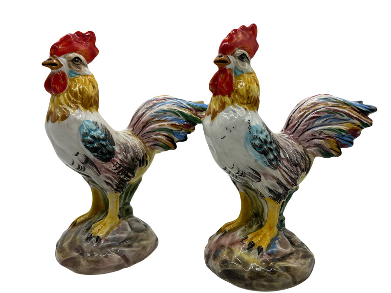 Paire de Coqs en Faïence Polychrome – Manufacture de Bassano – XXe siècle