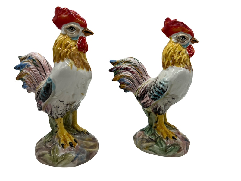 Paire de Coqs en Faïence Polychrome – Manufacture de Bassano – XXe siècle