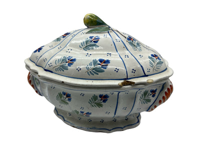 Soupière ancienne en faïence française décor floral XIXe, avec couvercle