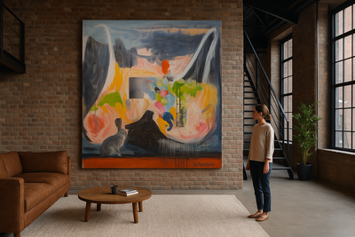 Grand tableau de Delphine Perlstein – Composition au lapin