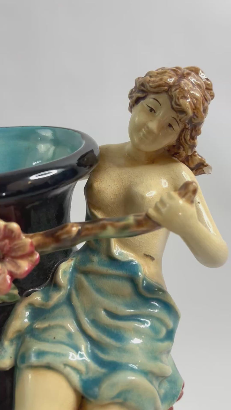 Majolica Vase GL Lorraine – Art Nouveau Girl Figure Relief – French c.1900, 44cm