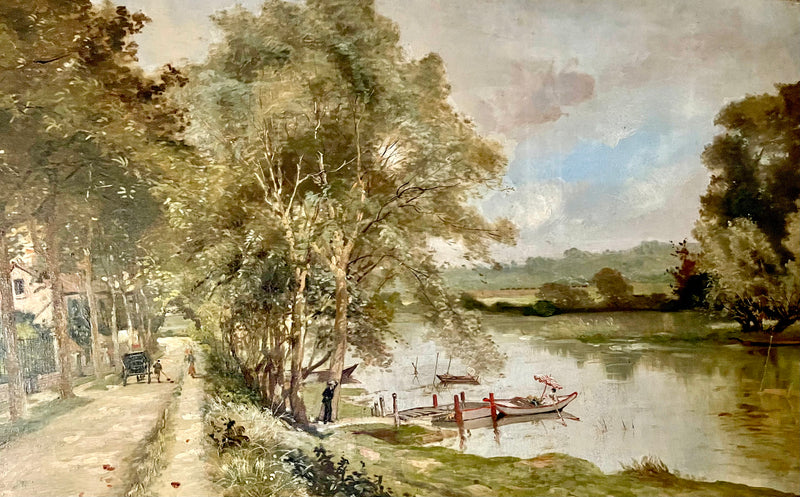 Grand Tableau peinture impressionniste Bord de Marne par Paul Morizet XIX/XXe