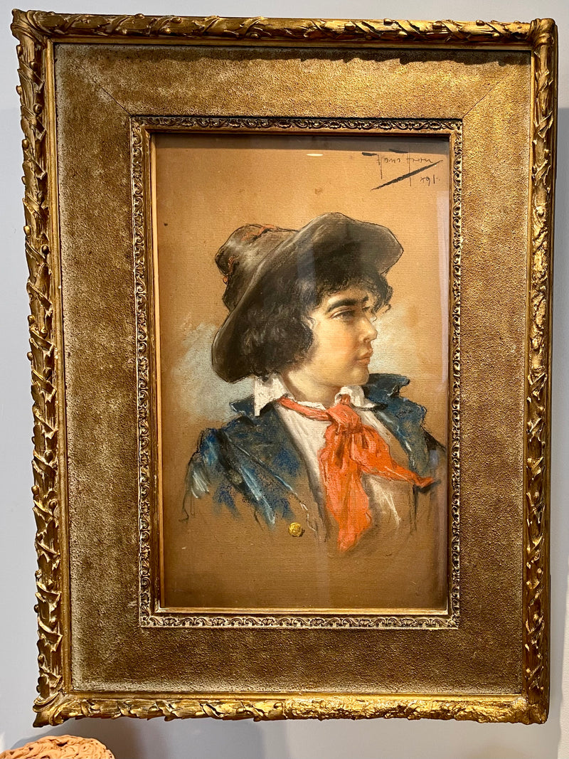 Tableau portrait jeune homme au chapeau signé Hans Hansen portrait 1791