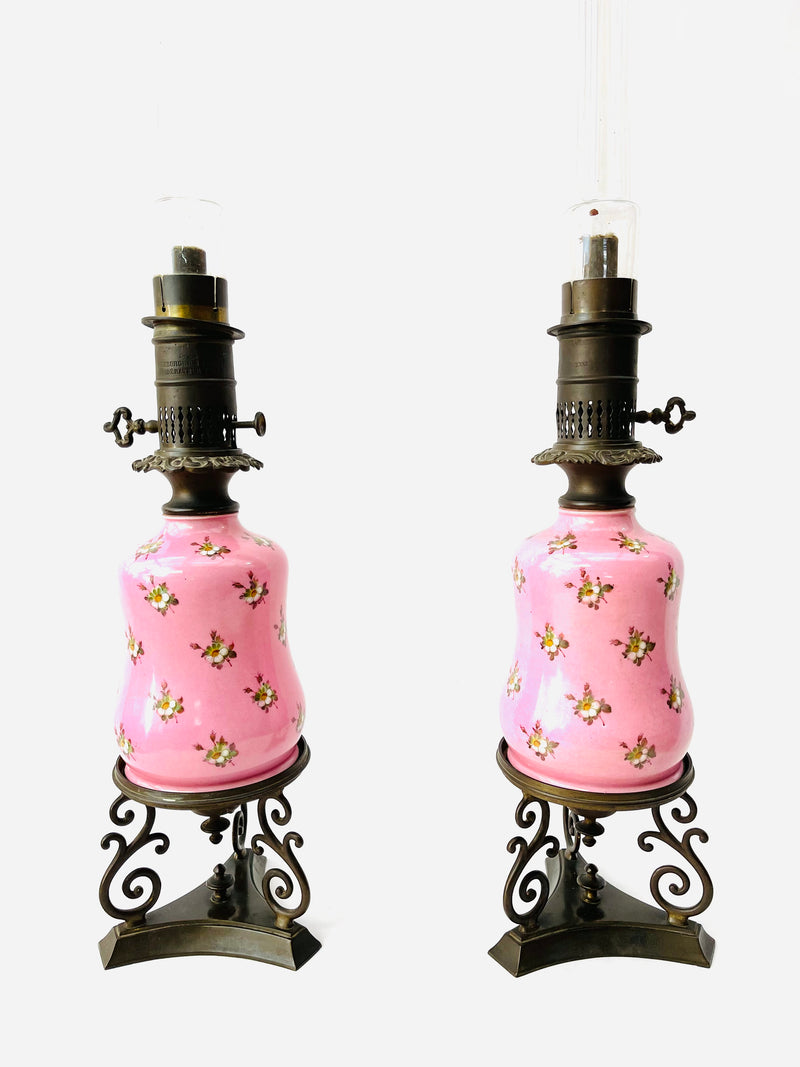 Paire de lampe à huile rose Napoléon 3