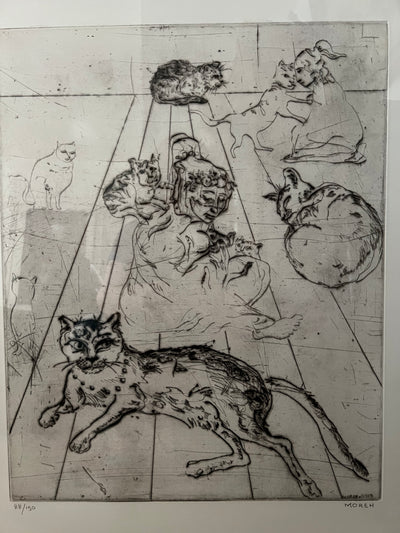MOREH MORDECAI gravure eau forte signée et encadrée femme et chats tableau