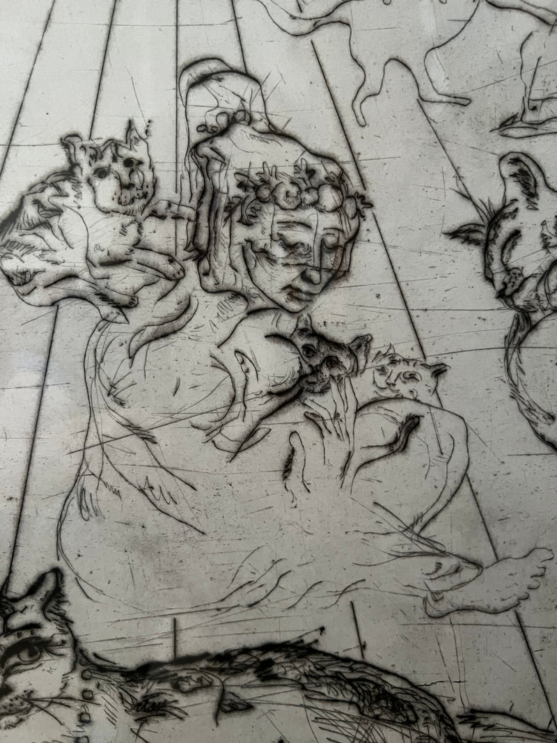 MOREH MORDECAI gravure eau forte signée et encadrée femme et chats tableau