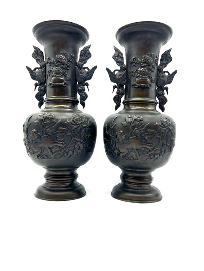Paire de vase japonais en Bronze à décor de heron