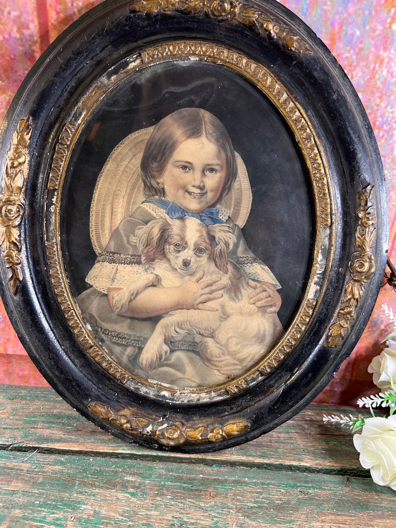 2 gravures enfant avec chat et chien encadrement Napoléon 3