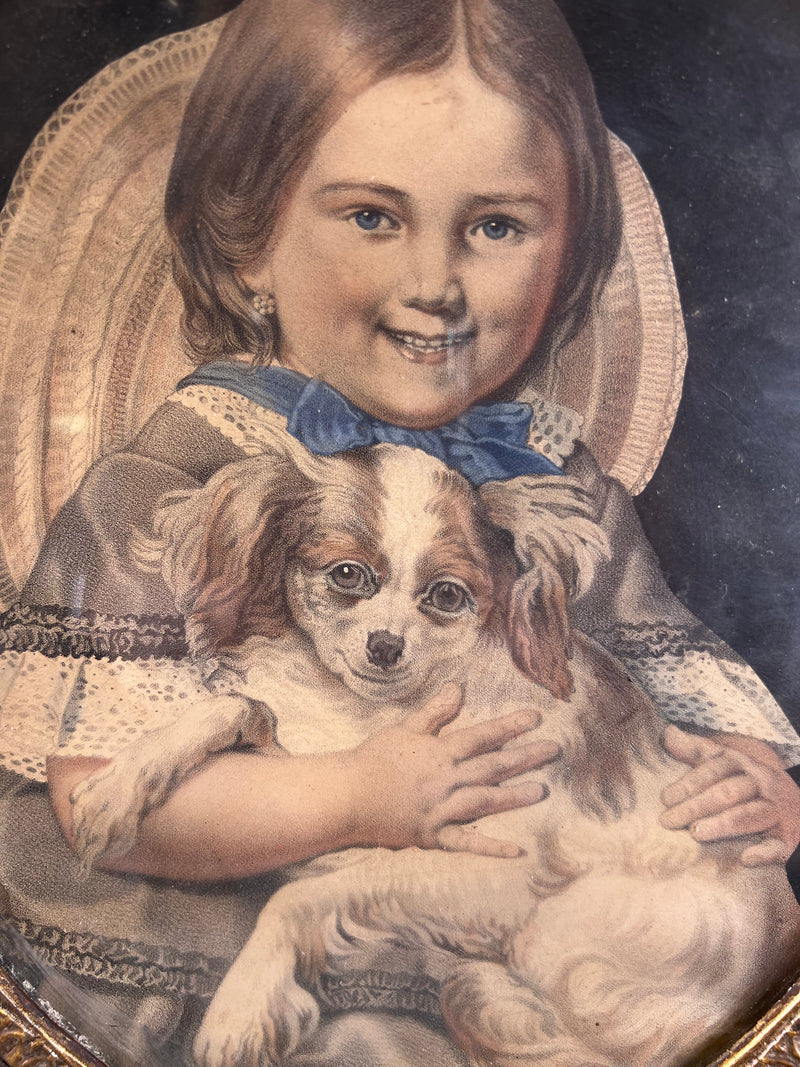 2 gravures enfant avec chat et chien encadrement Napoléon 3